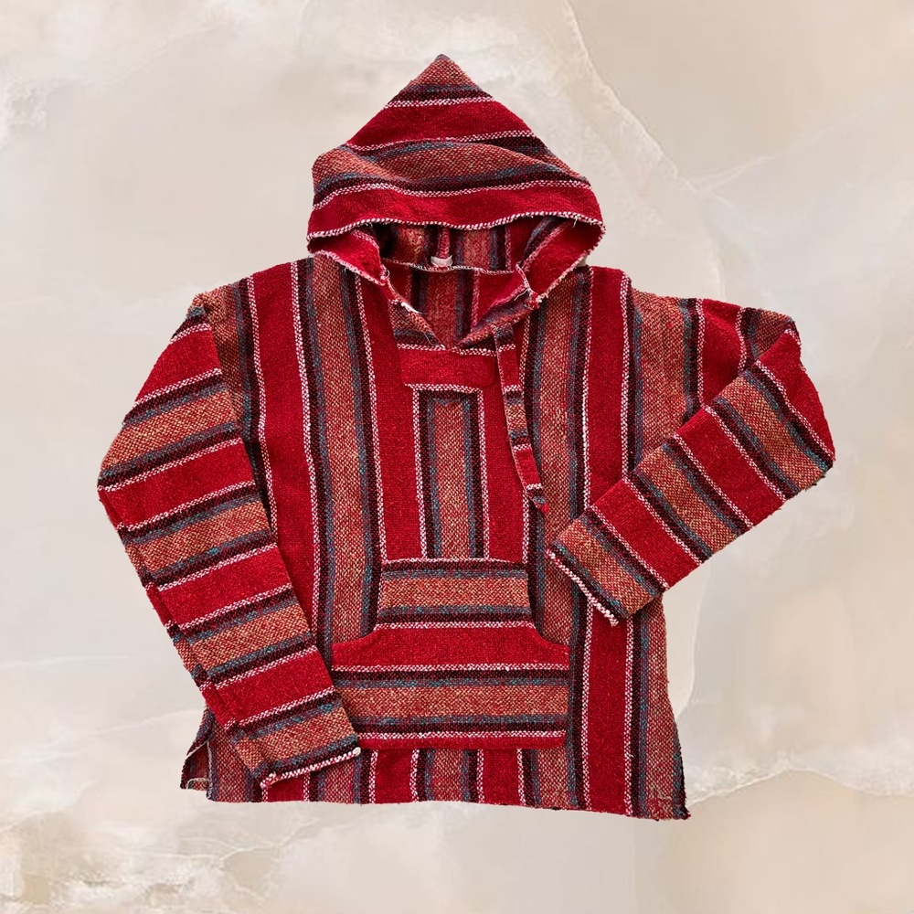 Vintage Mexican Baja Blanket Drug Rug Hoodie Red Blue Surfer Skater Poncho S M